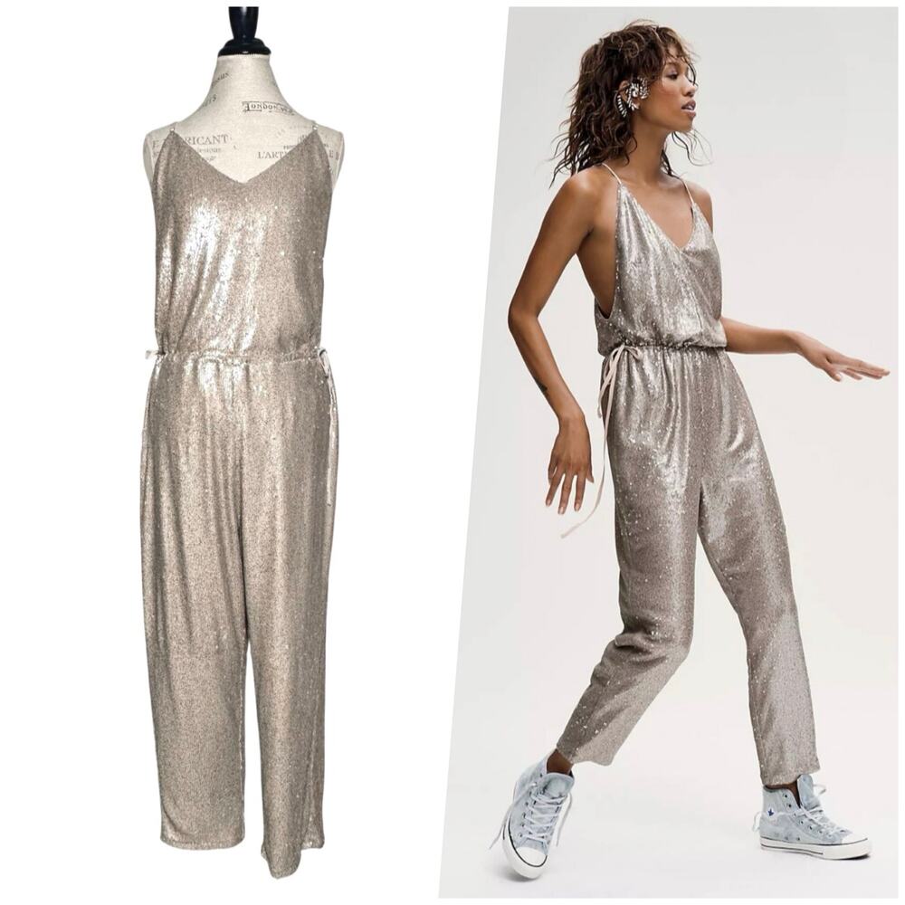 Free People | Women | Champagne All Over Sequin Slouchy Party Jumpsuit | Large